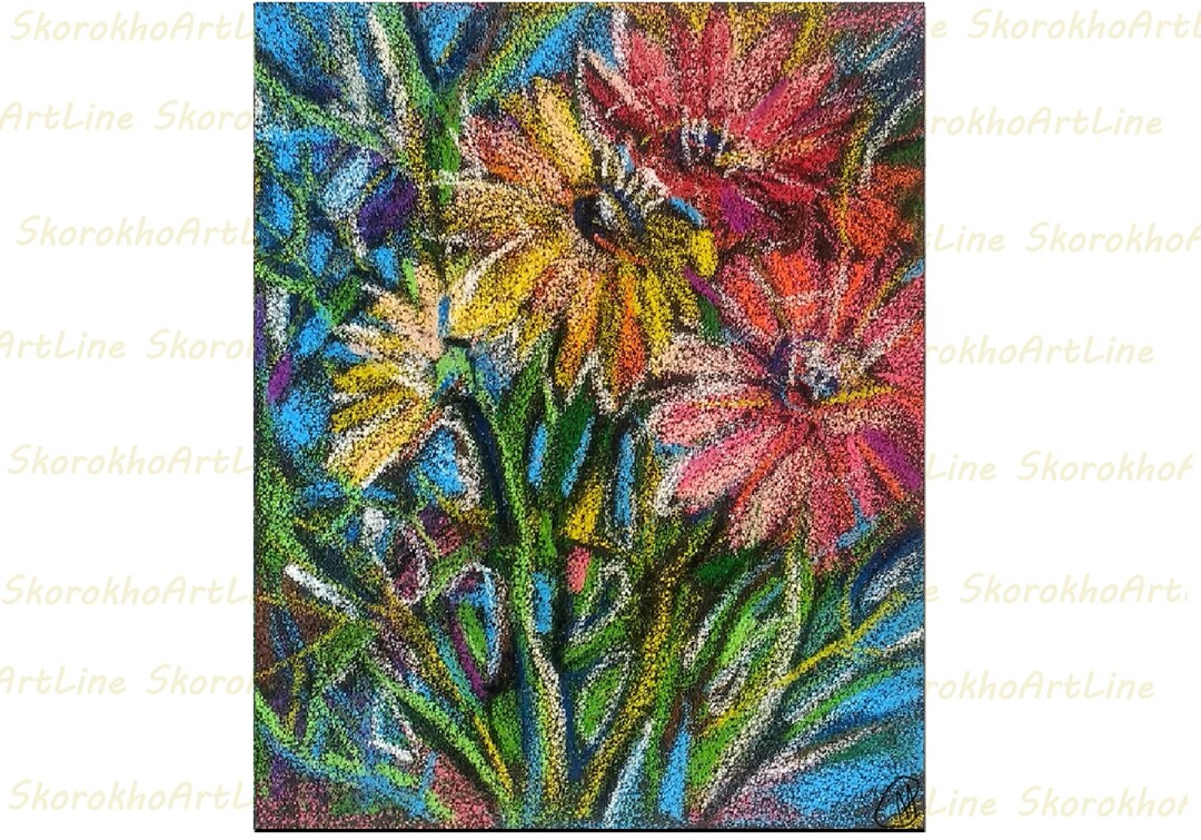 Abstract Floral Original Art Oil Pastel on Sandpaper Bouquet Etsy