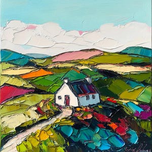 Pintura de casa de campo irlandesa OOAK Branco Aconchegante Paisagem Original Pintura a óleo Arte de parede 8"x8" Decoração para casa Ideia de presente por SkorokhoArtLine