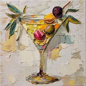 Pintura de Martini Sujo, Arte de Parede para Bebida, Natureza Morta, Presente Original, Decoração de Cozinha Francesa, Azeitonas Verdes, Enfeite de Arte 20x20 cm SkorokhoArt