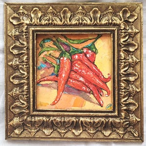 Chili Pepper Painting Original Kitchen Art Red Hot Chilli Peppers Home Decor Mini Oil Wall Art 6&quot; by 6&quot; by SkorokhoArtLine
