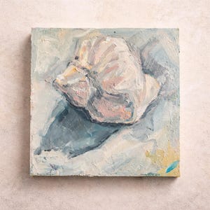 May include: Square oil painting featuring a seashell in shades of pink, white, and blue. The artwork has a textured, impasto style, with visible brushstrokes. The background is a muted blue-gray, and the overall effect is soft and artistic.