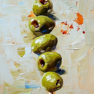 Pintura de azeitonas, arte de parede para cozinha de casa nova, presente original em impasto, decoração de cozinha francesa, arte em carvalho verde-oliva de 7" por 5" da SkorokhoArtLine.