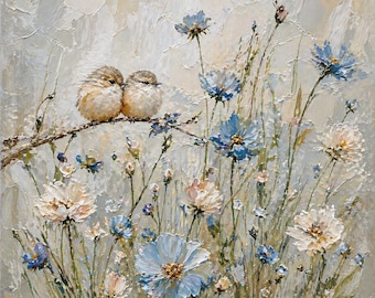 Dois pássaros fofinhos com flores silvestres, pintura a óleo original em estilo impasto, arte romântica de parede com elementos da natureza, decoração aconchegante em tons neutros.