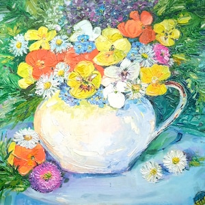 Pintura a óleo de flores de amores-perfeitos Impasto Arte de parede original Buquê floral Artwok Natureza morta Decoração para casa Amor-perfeito selvagem 10" por 10" por SkorokhoArtLine