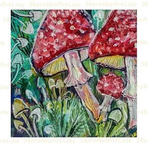 Pintura de cogumelo Arte de parede a óleo original Amanita Red Fly Agaric Pintura a óleo Impasto Mushroom Decoração para casa 6" por 6" por SkorokhoArtLine