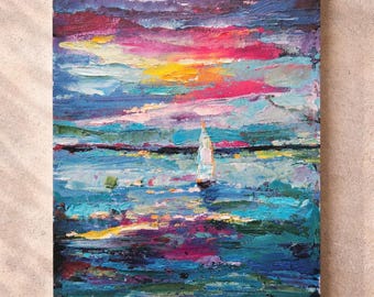 Sailing Boat Sunset Oil Painting, Colorful Seascape Impasto Art, Nautical Wall Decor, Original Ocean Artwork
