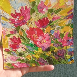 Pintura de flores silvestres Impasto Óleo Arte de parede 6" por 6" Original Mini pintura floral Sunny Meadow Arte presente para decoração de casa SkorokhoArtLine