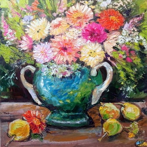 Pintura de Margarida Impasto Floral OOAK Arte de Parede Floral Original Buquê de Óleo Mês de Nascimento Flor Natureza Morta Decoração de Casa Jardim Aconchegante 10" por 10"