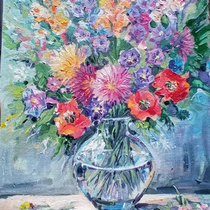 Pintura a óleo de gladíolo, papoula, áster e glória da manhã, flor original do mês de nascimento, agosto, setembro, ideia para presente, natureza morta, arte de parede, 10" por 8"