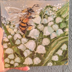 Pintura a óleo Lily Of The Valley Mês de nascimento Flor Pintura original Honey Bee OOAK Flores de maio Decoração para casa Arte de parede 8"x8" por SkorokhoArtLine