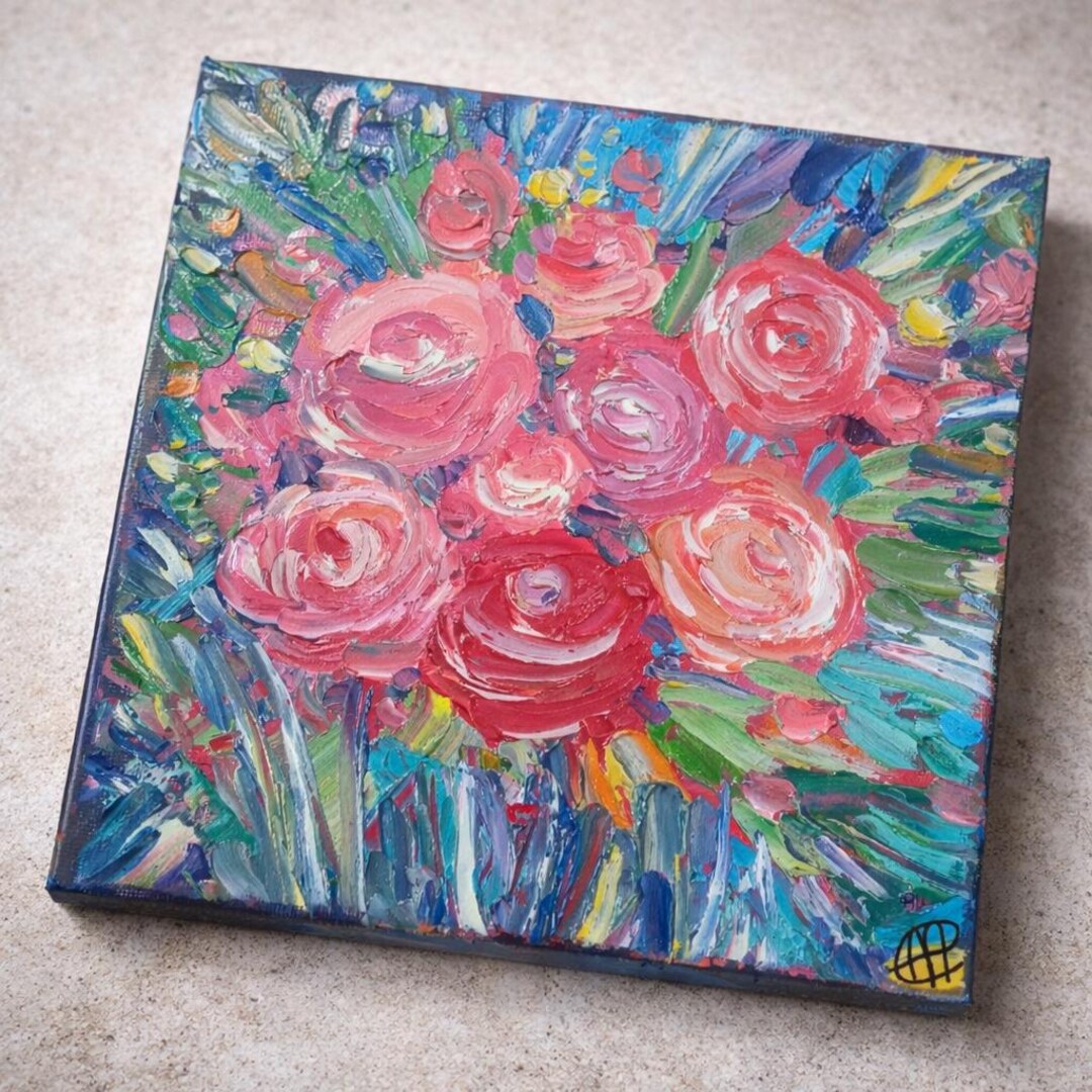 Impasto Roses – Original Oil Painting, Cozy Floral Wall Art for Home ...