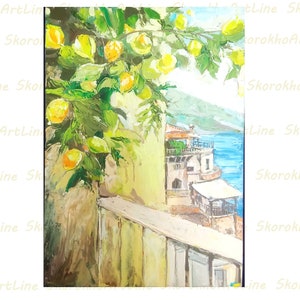 Pintura a óleo de Positano, limoeiro, arte de parede original, pintura da Costa Amalfitana, paisagem urbana da Riviera Italiana, obra de arte encomendada por SkorokhoArtL