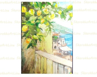 Peinture à l'huile Positano, citronnier, art mural original, peinture de la côte amalfitaine, oeuvre d'art paysage urbain de la Riviera italienne, commission personnalisée par SkorokhoArtL