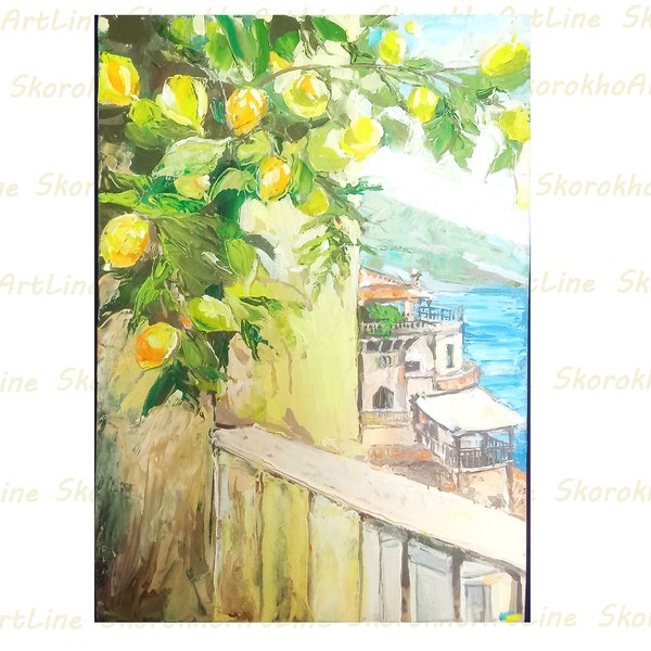 Positano Ölgemälde Zitronenbaum Original Wandkunst Amalfiküste Gemälde Italienische Riviera Stadtbild Kunstwerk Sonderanfertigung von SkorokhoArtL