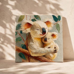 May include: A square canvas painting depicts a mother koala hugging her baby. The koalas are painted in shades of cream, beige, and orange, with black noses and closed eyes. Green leaves and branches surround them, set against a light blue background.