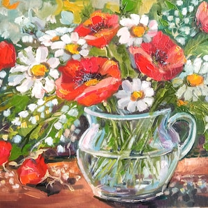 Pintura a óleo Daisy Poppy Lily of the Valley Bouquet original em vaso Flores do mês de nascimento Ideia para presente Natureza morta Arte de parede 10"x8" por SkorokhoArt
