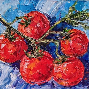 Tomato Painting Cherry Tomatoes Impasto Original Artwork Oil Wall Art Food Kitchen Decor Rustic Vegetables Custom Sizes by SkorokhoArtLine
