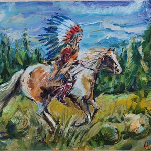 Pintura nativa americana chefe índio em cavalo malhado na floresta pintura a óleo original arte de parede impasto mountain valley obra de arte