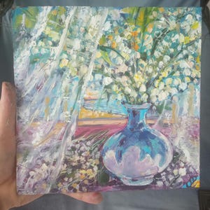 Pintura de lírio do vale, mês de nascimento de maio, arte floral, pintura a óleo original, impasto, natureza morta floral, decoração para casa, arte de parede, 8" por 8"