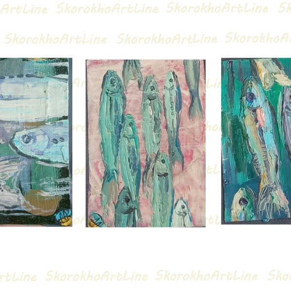 Sardine Painting Fish Original ACEO Kitchen Artwork 3.5" by 2.5" Artist Trading Card Anchovy Mini Art Fish Painting by SkorkhoArtLine