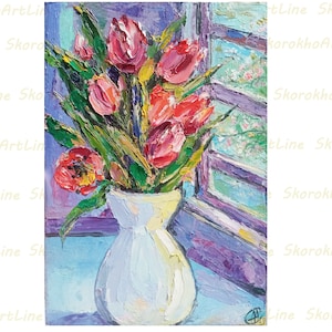 Pintura de flores de tulipa, mês de nascimento de abril, flor, arte de parede original, pintura a óleo, impasto, decoração para casa, ideia de presente, natureza morta, arte, 8" por 5,5"