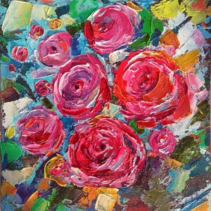 Roses Painting Original Ponies Floral Home Decor Oil Painting Impasto Pink Bouquet Roses Birth Month June Flower Wall Art Painting 8"by8"