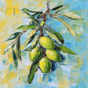 Pintura de azeitonas, arte de parede para cozinha de casa nova, decoração original de cozinha francesa em impasto, arte em carvalho verde-oliva de 8" por 8" da SkorokhoArtLine.