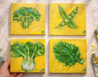Cozy Kitchen Wall Art Set, Mini Vegetable Oil Paintings, Original Impasto Food Art, Broccoli Bok Choy Kitchen Decor