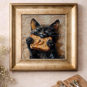 May include: Oil painting of a black cat holding a piece of bread with two fish on it. The cat is in a gold-colored frame. The painting has a textured, impasto style. The background is a neutral beige color.