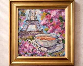 Paris Coffee Painting Eiffel Tower Art Cafe Wall Decor, French Kitchen Floral Impasto Oil Painting Pink Lilac Paris Scene by ualinart