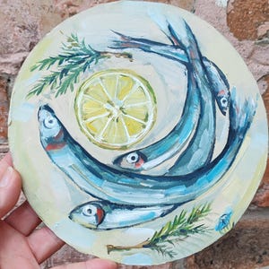 Sardines Painting Original Oil Round Wall Art Seafood Still Life Decorative Kitchen Original Home Decor Gift 7&quot; X 7&quot; by SkorokhoArtLine