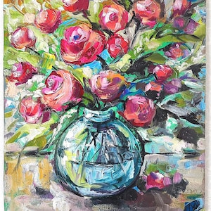 Ramo de rosas, pintura al óleo, arte mural floral con textura, flores abstractas en jarrón, decoración impresionista para el hogar, obra de arte de tamaño personalizado