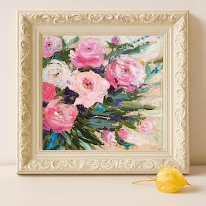 Peinture à l'huile empâtement rose : bouquet de fleurs sur toile, oeuvre d'art originale 20 x 20 cm
