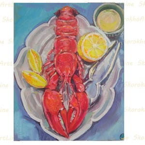 Red Lobster Painting Steam Seafood Plate Original Wall Art Sea Animals Decor Impasto Kitchen Still Life Home Decor 8&quot; by 10&quot; by SkorokhoArt