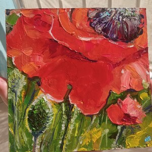 Pintura de papoula vermelha, flor, óleo original, impasto, papoulas da Califórnia, arte de parede, campo de verão, pintura a óleo em miniatura, presente, 6" x 6" por SkorokhoArt