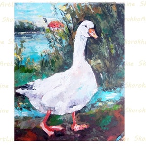 Duck Oil Painting Original Impasto Farm Animals White Geese Wall Art Goose Portrait Home Decor Artwork 10by 8&quot; by SkorokhoArtLine