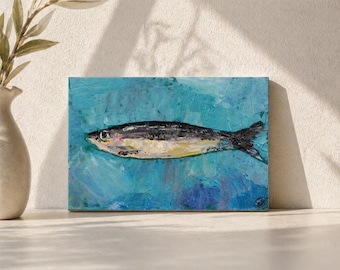 Sardine Oil Painting Original – Mediterranean Kitchen Art, Coastal Wall Decor, Small Impasto Food Painting, Housewarming Gift