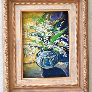 Pintura original de lírio do vale, mês de nascimento, flor, arte, pintura a óleo, vibração da primavera, flores de maio, natureza morta, decoração para casa, arte de parede, 7" x 5"