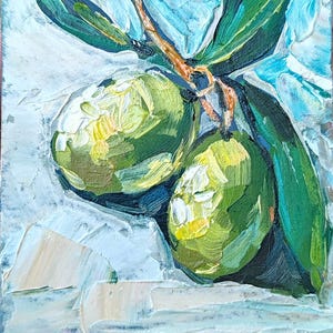 Pintura de azeitonas, arte de parede para cozinha de casa nova, presente original Impasto, decoração de cozinha francesa, arte em carvalho verde-oliva de 5" por 7" da SkorokhoArtLine.