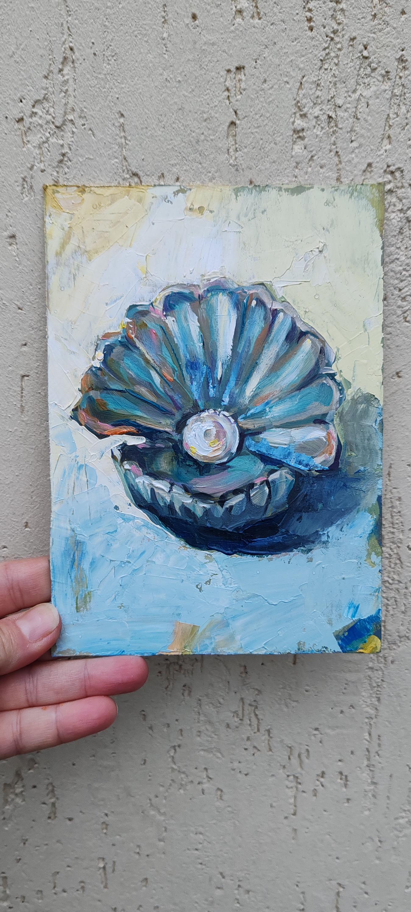 Seashell Pearl Painting Original Oil Wall Art  Kitchen Art Home Decor Abstract SeaShell Artwork Wild Bay Oysters OOAK 7"x5" by SkorokhoArt