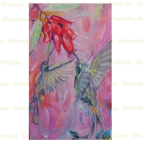 Colibri, peinture à l'huile originale d'oiseaux, oeuvre d'art, fleurs d'hibiscus exotiques, oeuvre d'art de Tini, oiseaux en vol 20 x 20 cm par SkorokhoArtLine