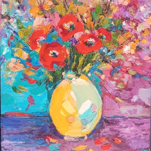 Pintura de papoula Imasto, natureza morta original em óleo, floral, abstrato, arte de parede, buquê, decoração para casa, arte feita à mão, 25 x 20 cm, por SkorokhoArtLine