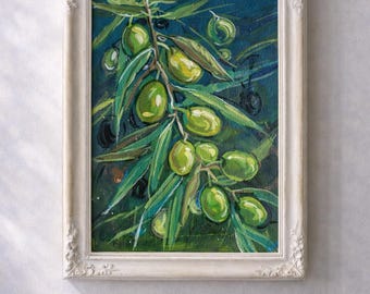 オリーブの枝 油彩画 インパスト技法を用いたオリーブの枝の油絵：キッチンの壁飾り、植物