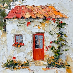 Pintura de cabaña irlandesa OOAK, paisaje hogareño acogedor blanco, pintura al óleo original, obra de arte de pared de 8 x 8 pulgadas, idea de regalo para decoración del hogar de SkorokhoArtLine