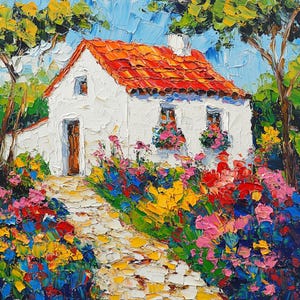 Irish Cottage Painting OOAK White Cozy Home Landscape Original Oil Painting Artwork 8"x8" Wall Art Home Decor Gift Idea by SkorokhoArtLine