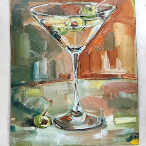 Pintura de martini sucio, bebida, arte de pared, cocina, naturaleza muerta, regalo original, decoración de cocina francesa, aceitunas verdes, decoración, obra de arte, 5 x 7 pulgadas, SkorokhoArt