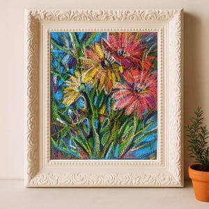 Colorful Flower Bouquet Original Oil Pastel Painting on Sandpaper Bright Floral Wall Art Impressionist Still Life 11x9” by UaAlinArt