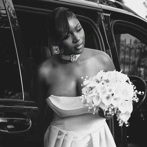 Strapless Satin Wedding Dress with Slit – Bridal Gown with Pleated Skirt, Corset Bodice, Modern Minimalist Bridal Dress