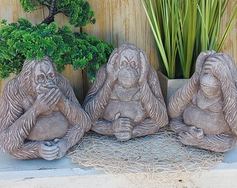 3-er Set Massive Steinfiguren Orang-Utans Affen Gartenfigur Steinfigur Steinguss