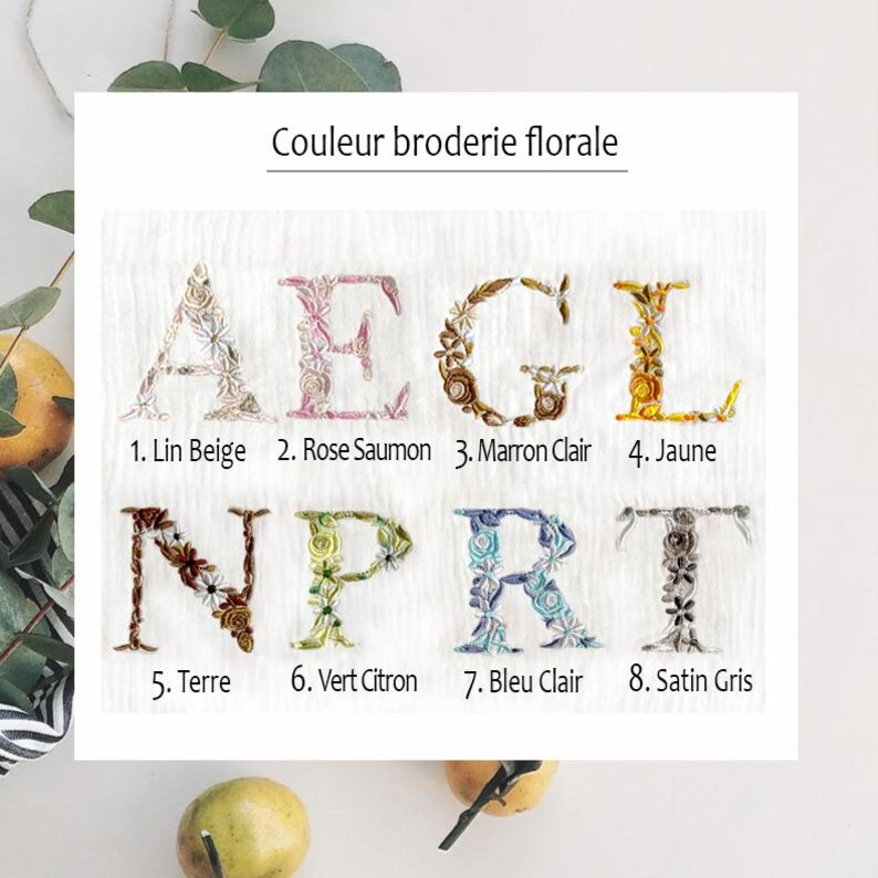 May include: A chart showing eight different embroidery floss colors with the corresponding French names and numbers. The colors are: 1. Lin Beige, 2. Rose Saumon, 3. Marron Clair, 4. Jaune, 5. Terre, 6. Vert Citron, 7. Bleu Clair, 8. Satin Gris.